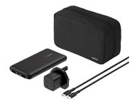 Belkin BoostCharge - Strømbank + AC-strømadapter - 10000 mAh - 3 utgangskontakter (24 pin USB-C, 2 x USB) - på kabel: USB-C - Storbritannia - med zippered pouch case BU041MYBK