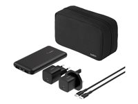 Belkin BoostCharge - Strømbank + AC-strømadapter - 10000 mAh - 3 utgangskontakter (24 pin USB-C, 2 x USB) - på kabel: USB-C - med zippered pouch case BU041HQBK