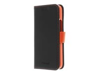 Insmat Exclusive Flip Case - Lommebok for mobiltelefon - ekte skinn, polykarbonat, bomullssting, kartong+papir - svart og oransje - for Apple iPhone 14 Pro 650-3114